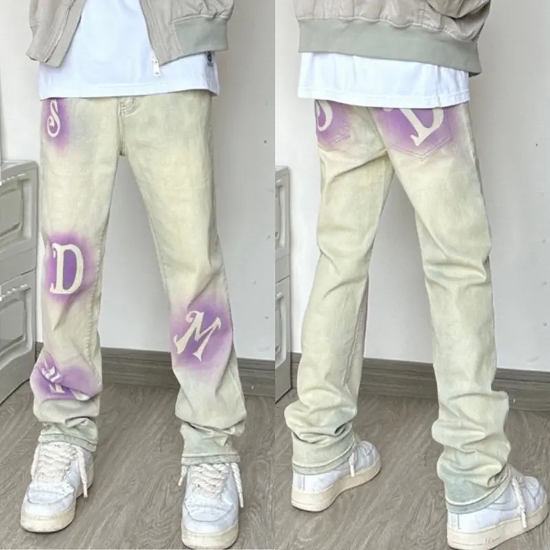 

Мешковатые джинсы с надписью для мужчин, стильные потертые темные джинсы в стиле ретро, повседневная одежда с широкими штанинами