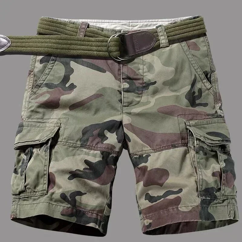 Men Outdoor Camouflage Hunting Shorts Wear Resistant Breathable Multi-pocket Overalls Hiking Hiking Sports Shorts No Belt