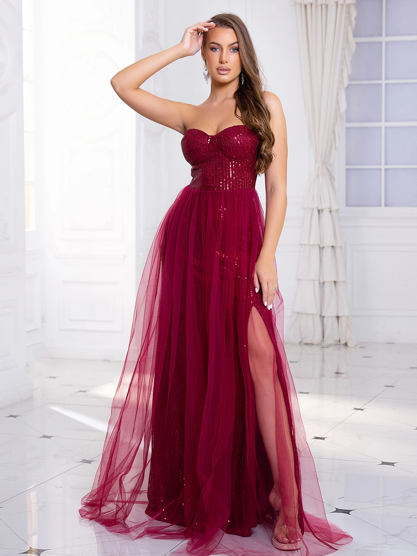 

Burgundy Strapless Evening Birthday Party Dress Backless Sexy Sequined Mesh Slit Evening Women Dresses Summer Wedding 2024