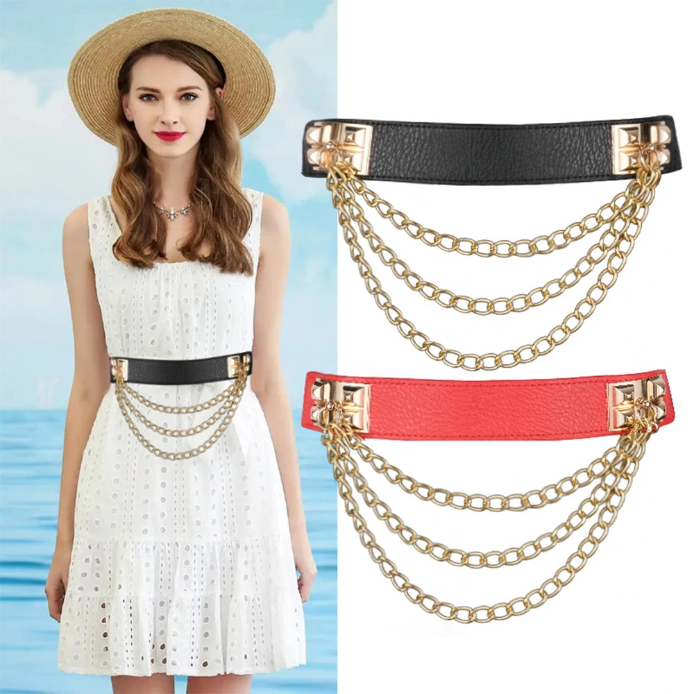 

Punk Style Gold Rivet Chain Women's Belt Women's Elastic Elastic Wide Waist Closure Waist Metal Waist ChainSCB0272