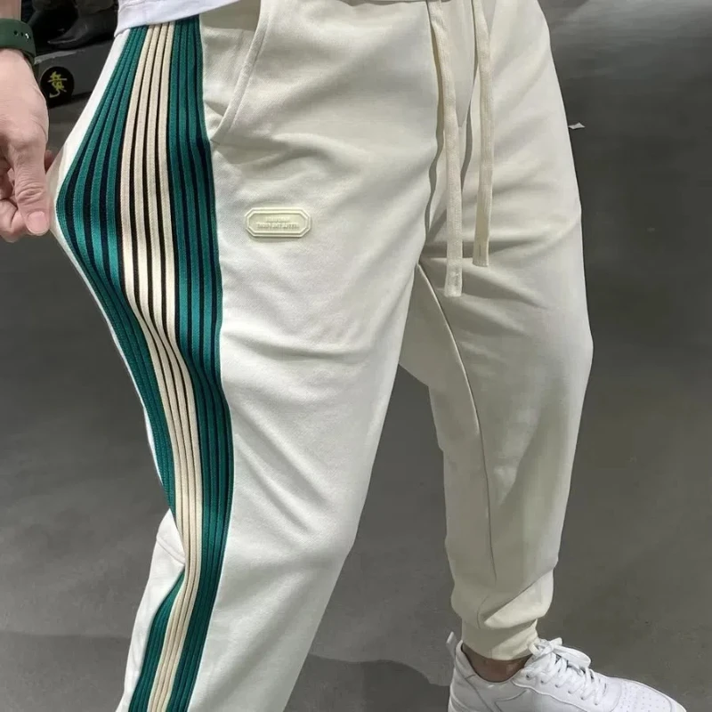 2024 Men's Autumn New American Style Elastic High Waisted Drawstring Patchwork Contrast Color Pockets Slim Straight Casual Pants