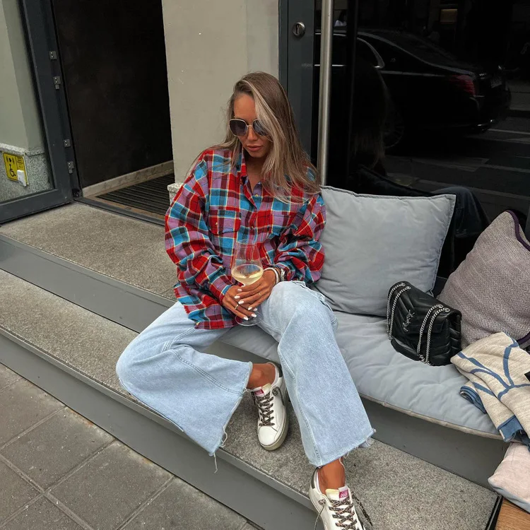 Patchwork Vintage Loose Shirts Female Casual Patchwork Pocket Long Sleeve Contrast Autumn Outwear Women's Shirts Tee