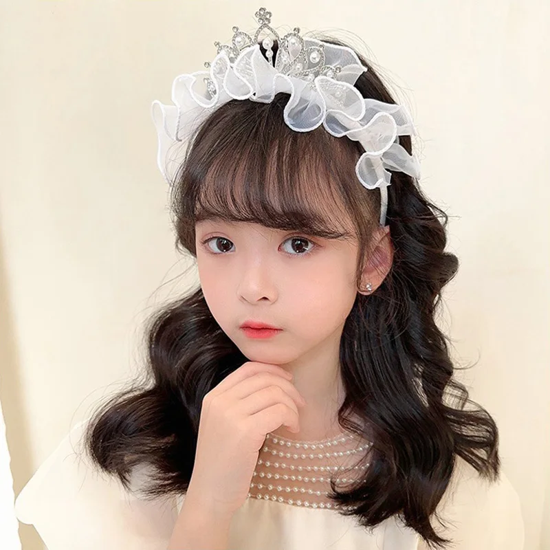 Cute Baby Kids Princess Rhinestone Headband for Girl Mesh Pearl Crown Hair Hoop Children Birthday Party Hair Styling Headwear