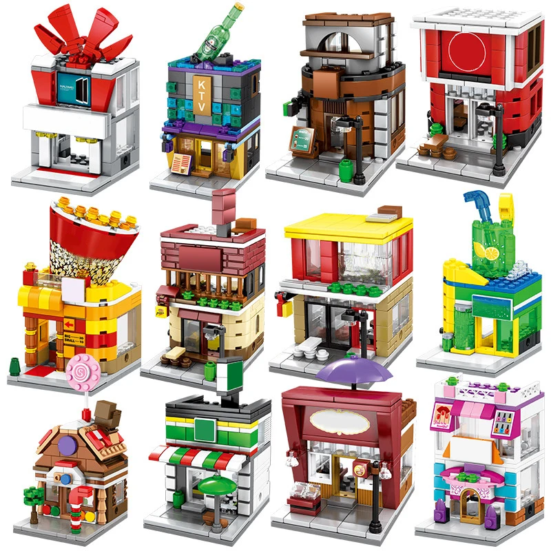 

MOC Street View City Series Drink Coffee Fast Food Pizza Shoes Store Model Convenience Stores Building Blocks Set Toys Kids