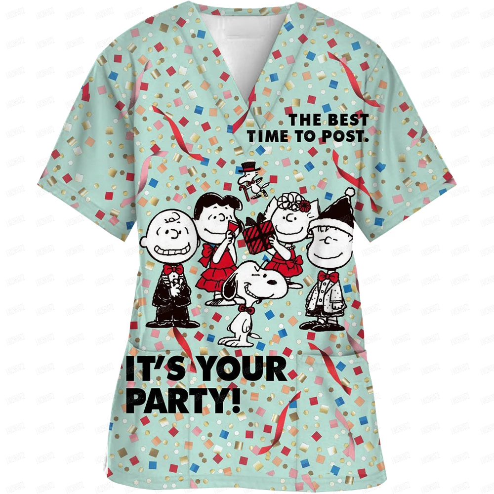 thumbnail image 1 of Blusa de hospital con cuello en V y dibujo animado de Snoopy para mujer, blusa fina de enfermera para mujer, blusa de manga corta, túnica para el cuidado de la salud, 1 of 5