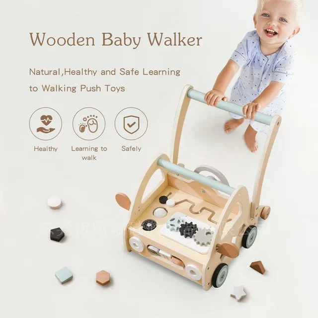 Wooden Baby Walker Baby Doll Stroller Walker for Baby Push Along Walker with Safety Brake for 10+ Months Balance Bike Toys 2