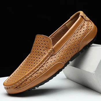 2026 Summer Men Casual Shoes Luxury Brand Genuine Leather Mens Loafers Moccasins Hollow Out Breathable Slip on Driving Shoes