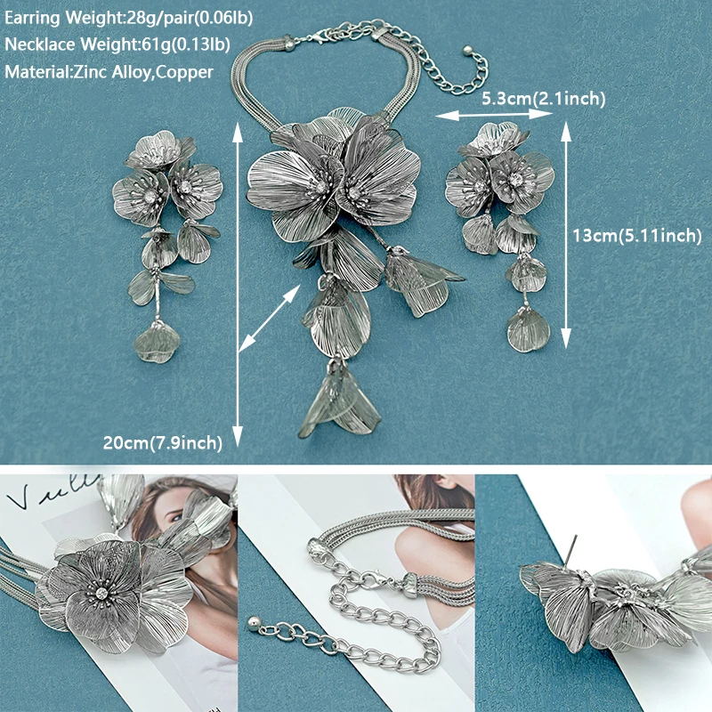 Handmade Copper Flower Necklace and Earrings Set for Women Accessories Femme Fashion Silver Color Jewelry Sets Party Gifts
