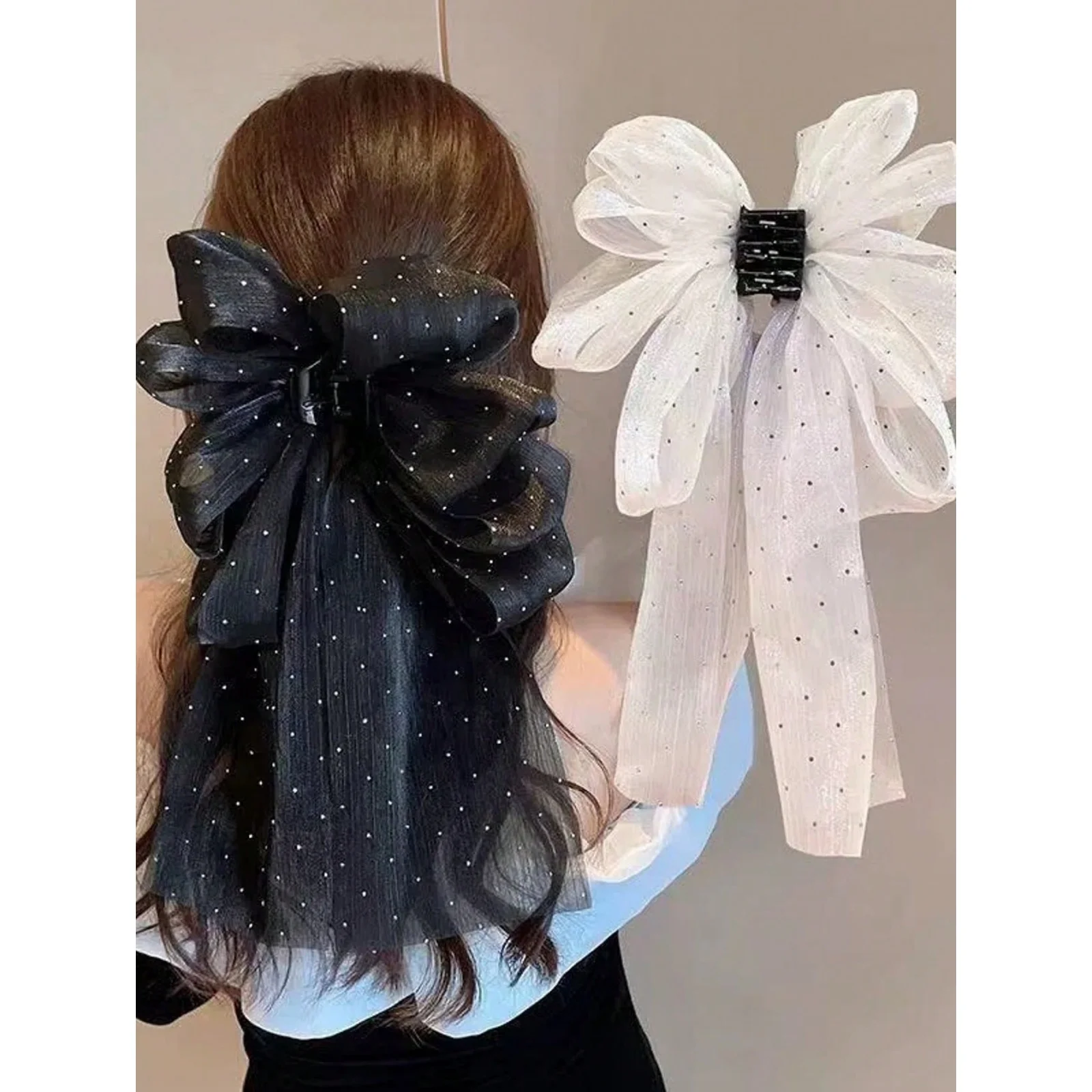 1 x elegante und große schwarze Sternenhimmel-Haarspange mit Schleife, geeignet für Bälle und Partyanlässe, mit Polka Dots – Detail 7