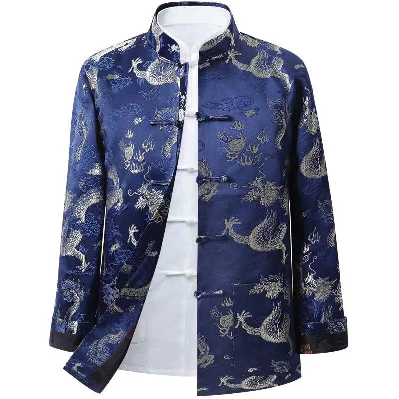 Embroider Dragon and Phoenix Tang Clothes Women Men Brocade Satin Hanfu Jacket Long Sleeve Cota Vintage Mandarin Collar Qipao