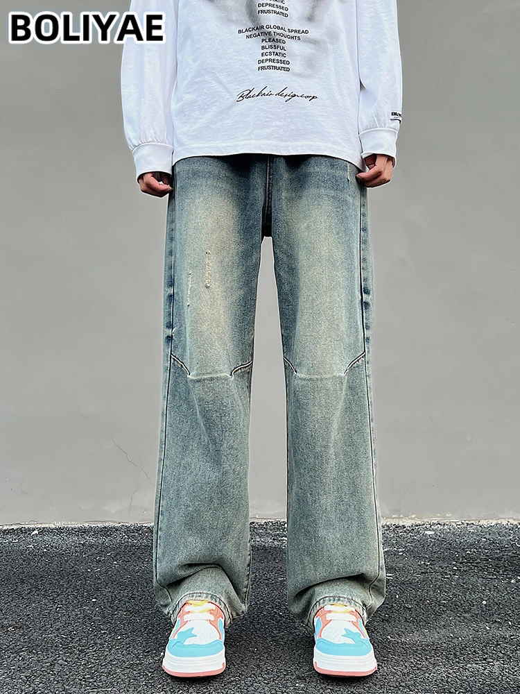 

Boliyae Ripped Baggy Jeans Men's Y2k Vintage Streetwear Wide Leg Denim Pants Male Hip Hop Washed Loose Straight Trousers Spring