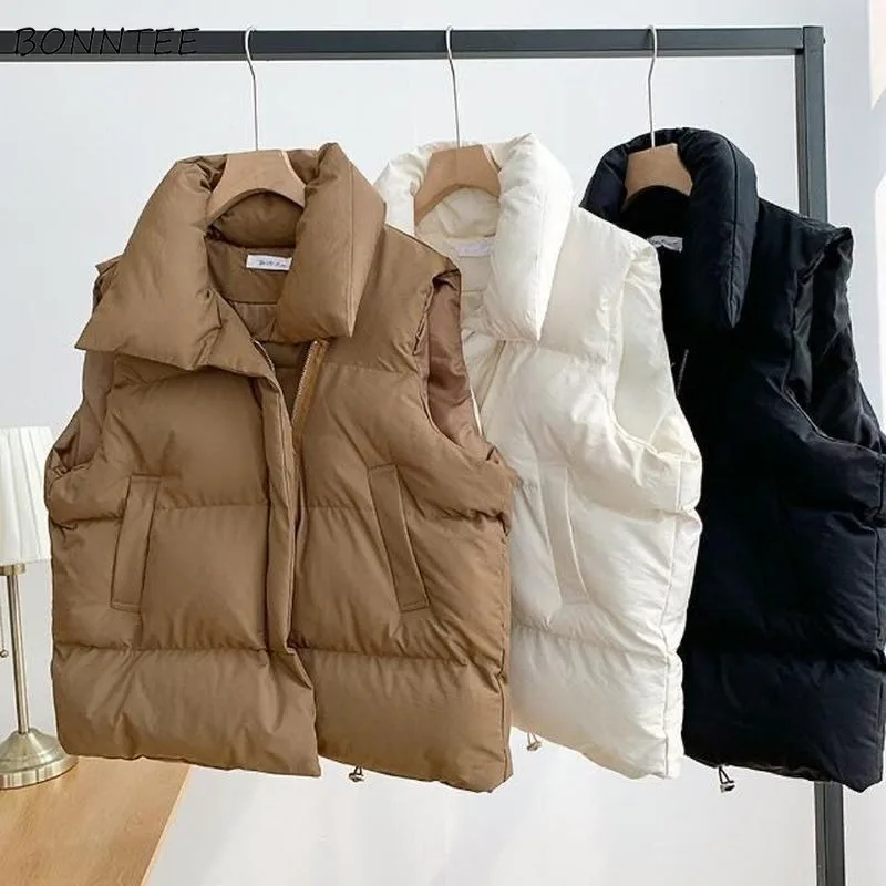 

Solid Vests Women Simple Leisure Trendy Korean Style Warm Winter Turn-down Collar Zipper Pockets Loose Sleeveless Puff Coats