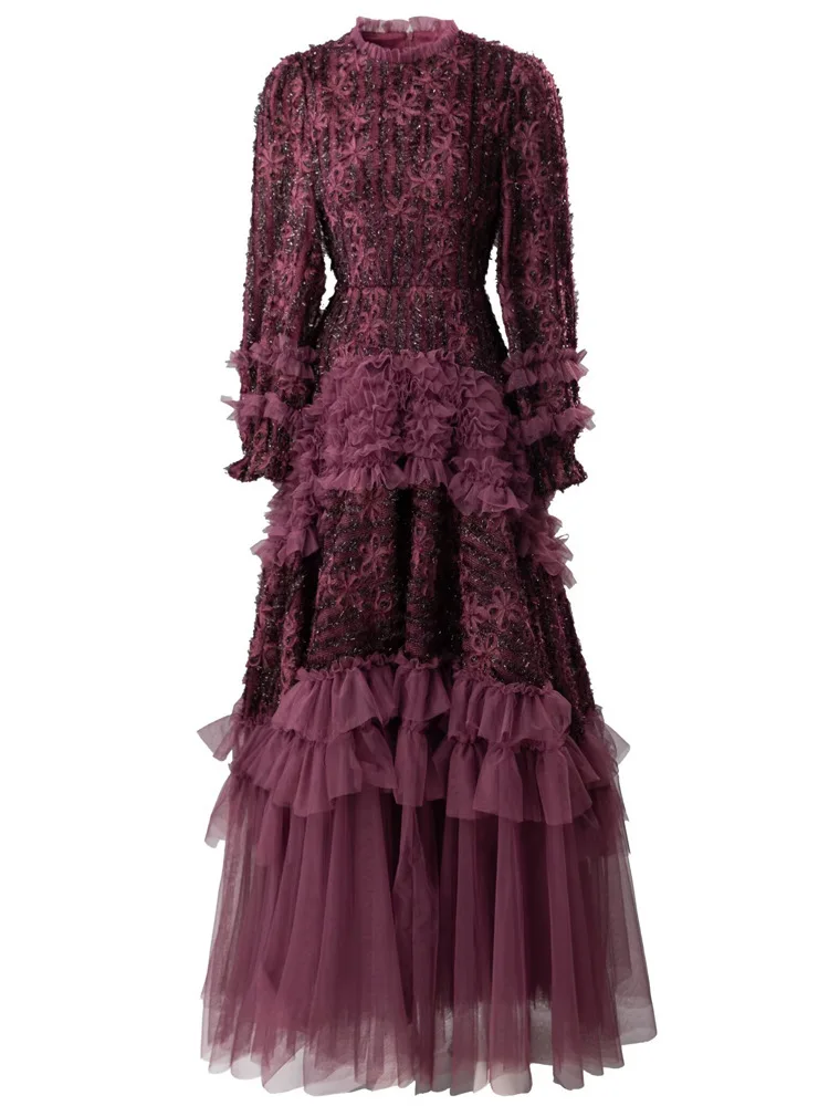 أزياء المرأة مساء اللباس الأرجواني ثلاثي الأبعاد ز...