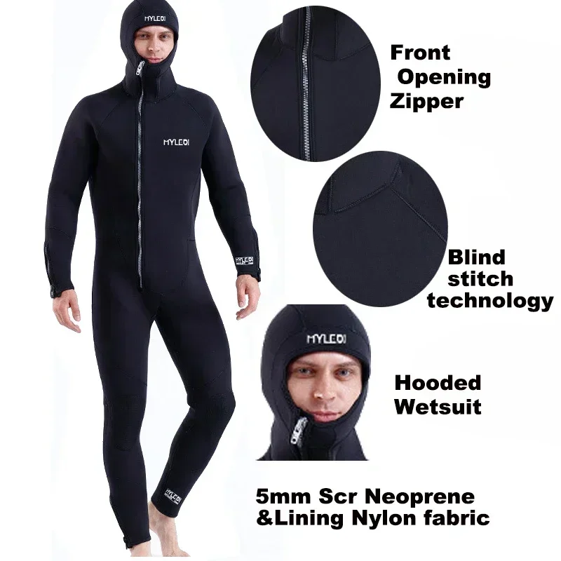 Men 7mm Neoprene Wetsuit One-Piece Hooded Diving Suit Front Zipper Blind Stitch Seam Zipper Cuff and Leg Opening
