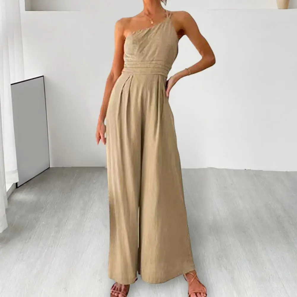 Women Summer One Shoulder Sleeveless Sling Jumpsuit Solid Color Waist Tight Backless Casual Wide Leg Long Rompers Monos Largos women sling jumpsuit casual loose fitting coat with long sleeves two piece set outfit 2023 autumn winter spring fashion casual