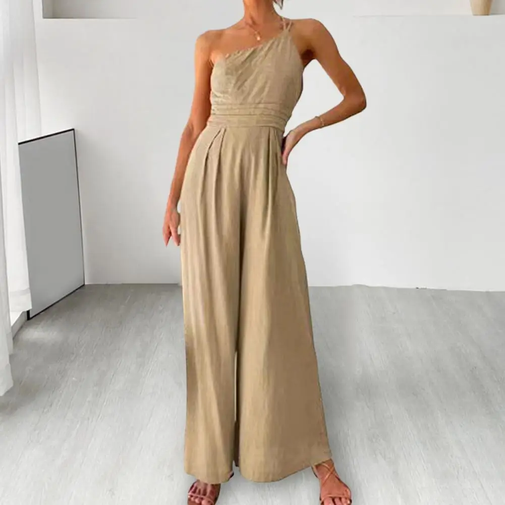 Women Summer One Shoulder Sleeveless Sling Jumpsuit Solid Color Waist Tight Backless Casual Wide Leg Long Rompers Monos Largos