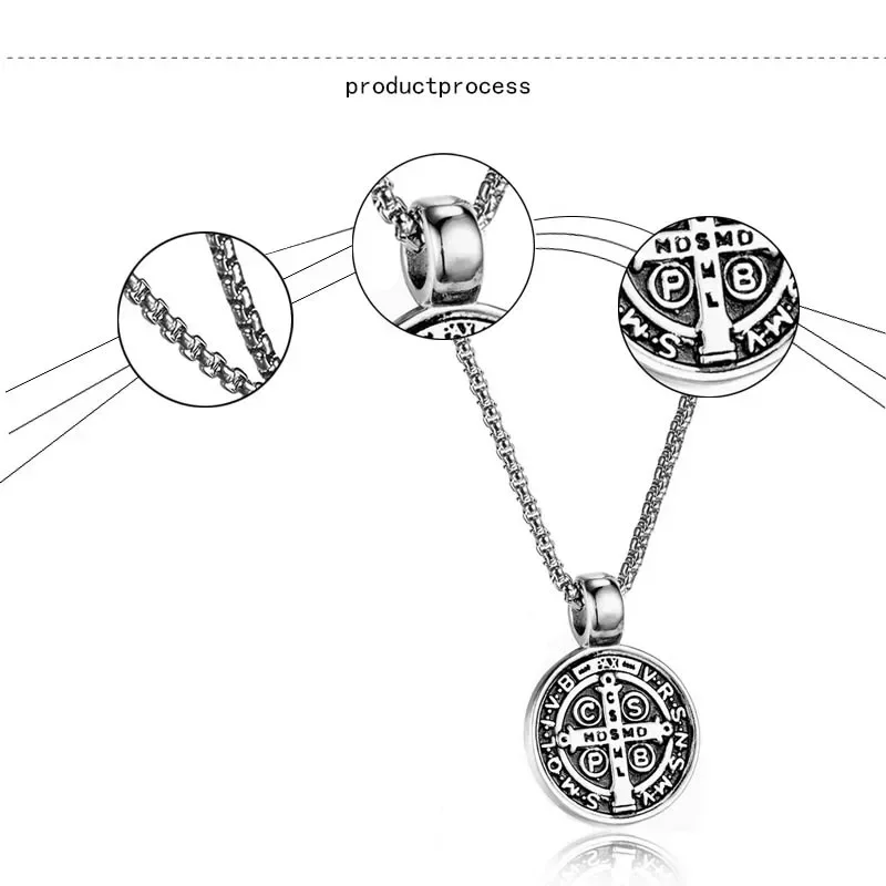 Vintage St Benedict Exorcism Women Men Necklace Round Pendant Stainless Steel 24Inch Chain Catholic Roman Cross Demon Necklaces 6
