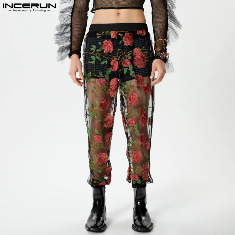 

INCERUN 2024 American Style Men's Pantalons Sexy Floral Mesh Perspective Long Pants Fashion Male Personality Thin Trousers S-5XL