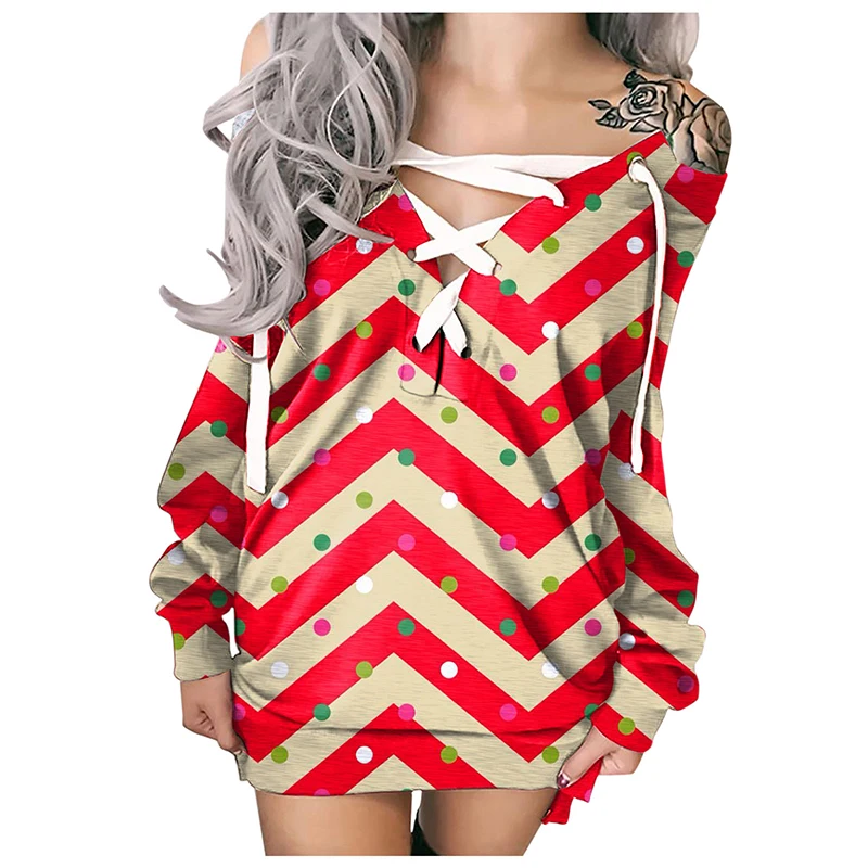 Spring Autumn Christmas Print Vintage Casual Mid-length Hoodie Long-sleeve V-neck Top Woman Oversize Tying Wide Loose Hoodies