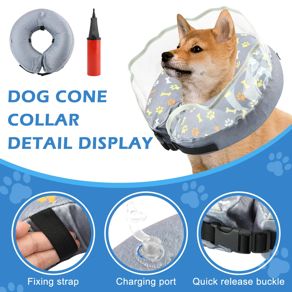 Dog Cone Collar Set Inflatable PVC Soft With Inflator Pet Recovery Anti Lick