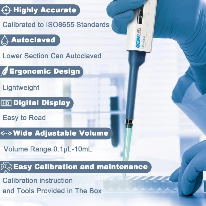 IKEME Official Store Micropipette 100-1000ul Single Channel Digital Adjustable Pipette Laboratory Top Pipette With Pipette Tips