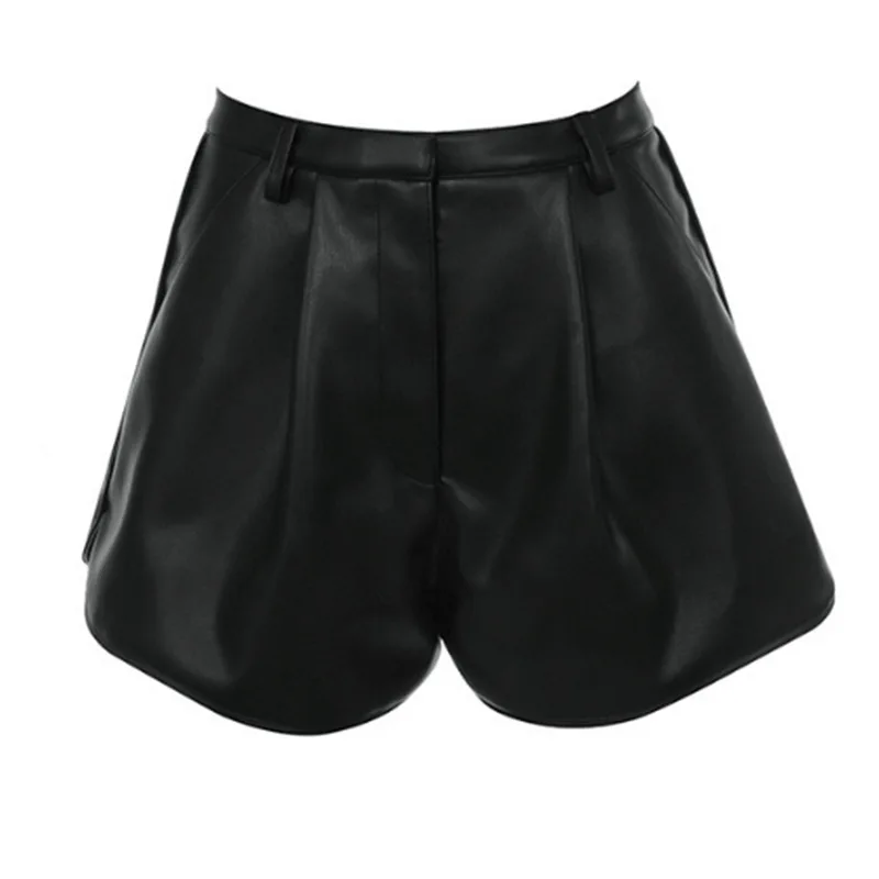 black shorts Women Sexy Shorts PU Leather Chic Fashion Side Pockets Bermuda Shorts Vintage High Waist Zipper Fly Female Short Pants Mujer trendy clothes