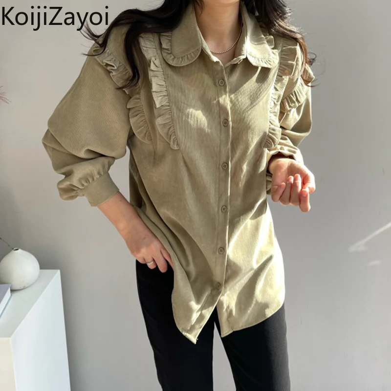 

Koijizayoi Casual Women Solid Ruffled Blouse Spring Autumn Lady Chic Korean Shirt Loose Single Breasted Blusas Outwear Tops