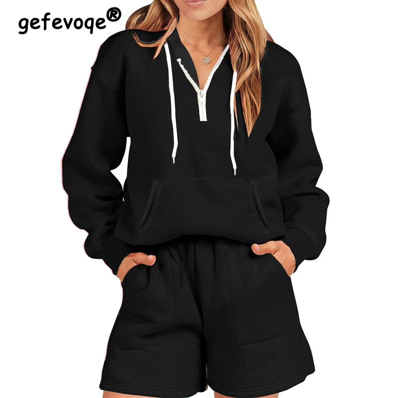 Two Piece Set for Women Autumn Winter Casual Sports Zipper Hooded Sweatshirts Female Oversized Hoodies Solid Color Shorts Outfit