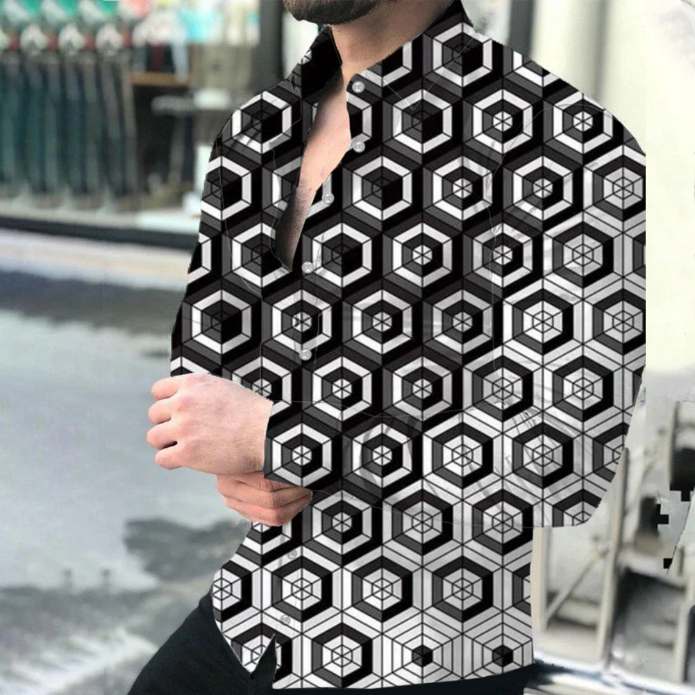 Men's Shirts Simple Color Contrast 3D Printed Branded Casual Button Cardigan Tops Slim Fit Long Sleeve Party Wear Male Clothing