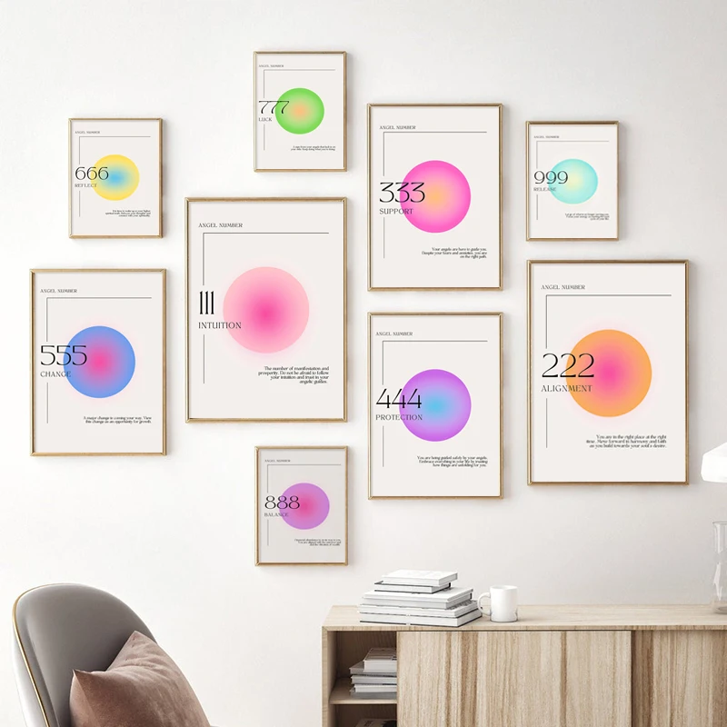 

Angel Numbers 111 222 333 Gradient Aura Posters and Prints Aesthetic Danish Pastel Canvas Painting Wall Art Picture Home Decor