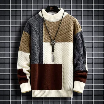 Moda uomo caldo maglioni lavorati a maglia patchwork o collo pullover in maglia autunno inverno coreano streetwear pullover abbigliamento casual da uomo 1