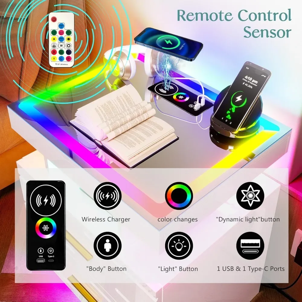 2-piece Set of Bedside Table with Wireless Charging Station, LED Lights, and 2 Drawers with Smooth Smart Bedside Table 5
