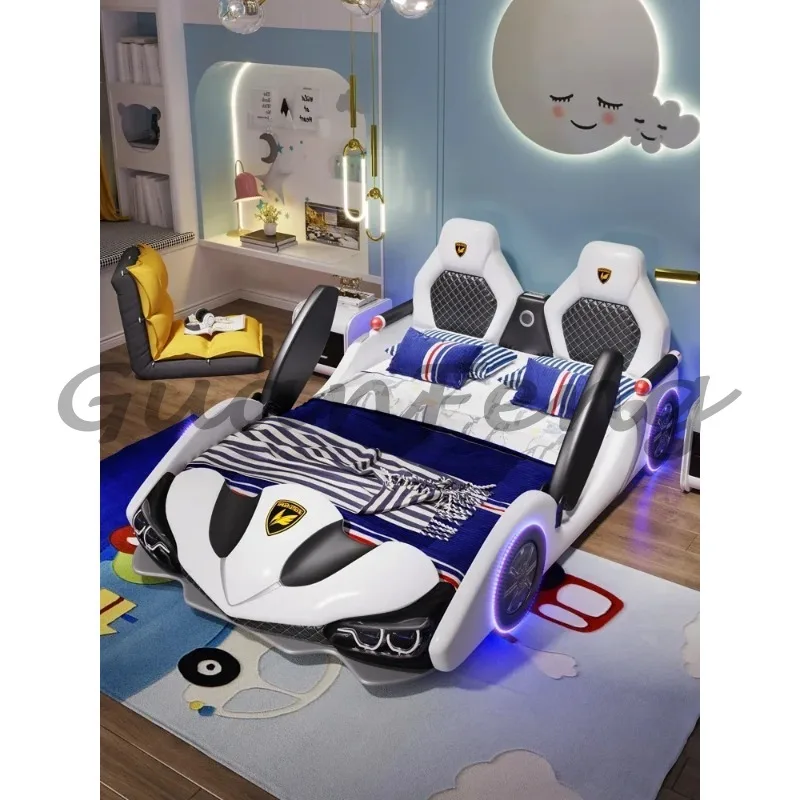 Children's Bed Boys and Girls 1.8m New Creative Cartoon Car Bed 1.5m Princess Leather Bed with Guardrail Blue 3
