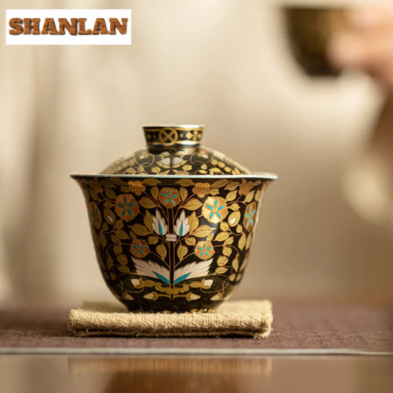120ml Jingdezhen Gilded Silver Gaiwan Vintage Handmade Porcelain Body Tea Tureen Tea Brewing Cover Bowl Ceremony Ornaments