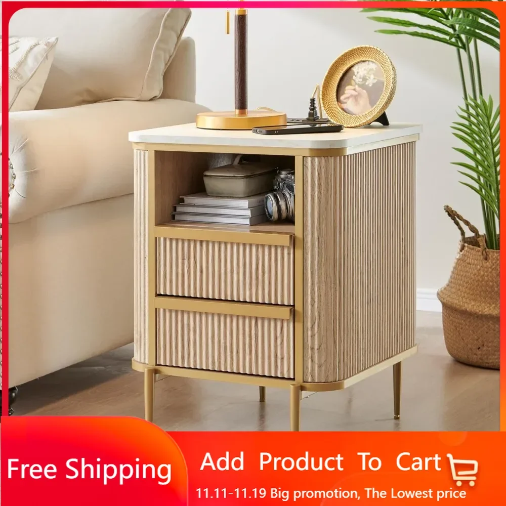 Modern Chic Fluted Nightstand Luxury with Charging Station, End Table/Bed Side Table w/2 Drawers, Faux Marble Tabletop