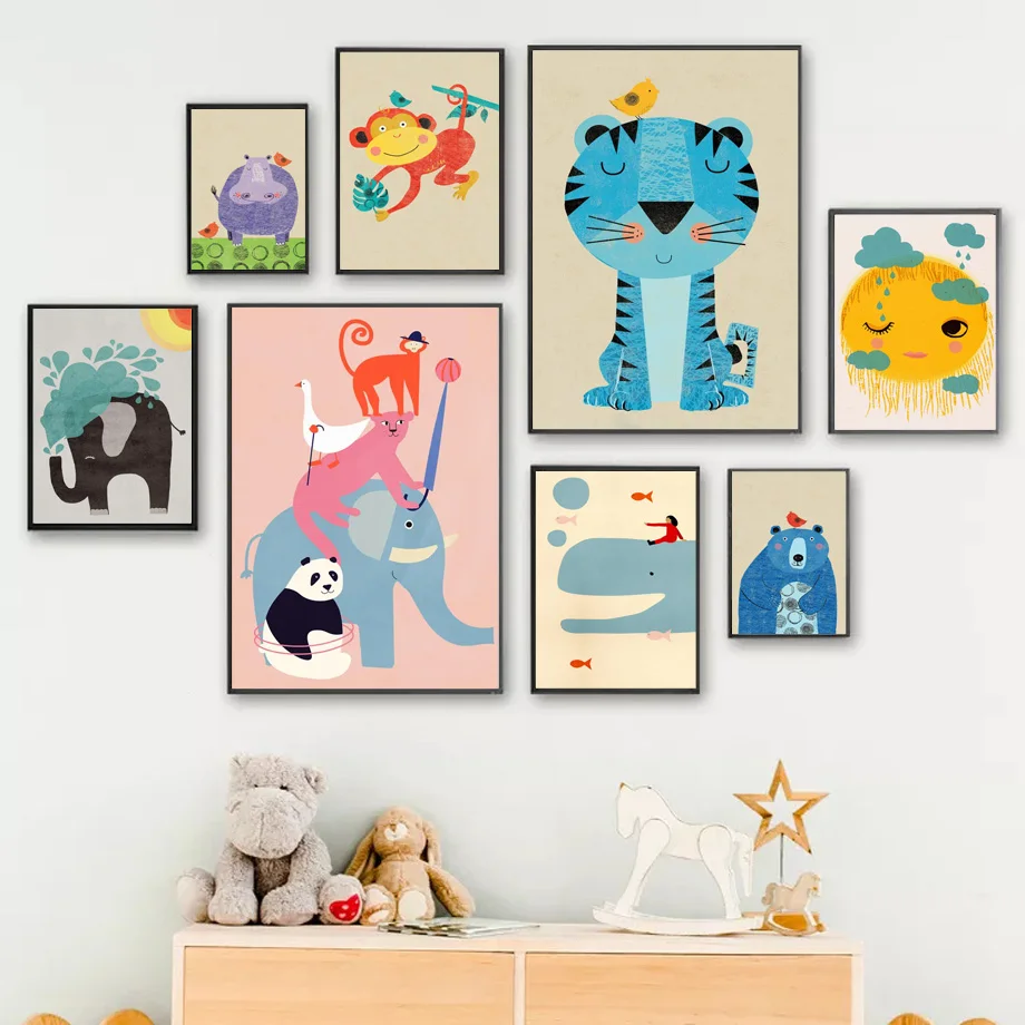 

Funny Lion Monkey Tiger Elephant Bear Whale Nursery Nordic Posters Wall Art Print Canvas Painting Pictures Baby Kids Room Decor