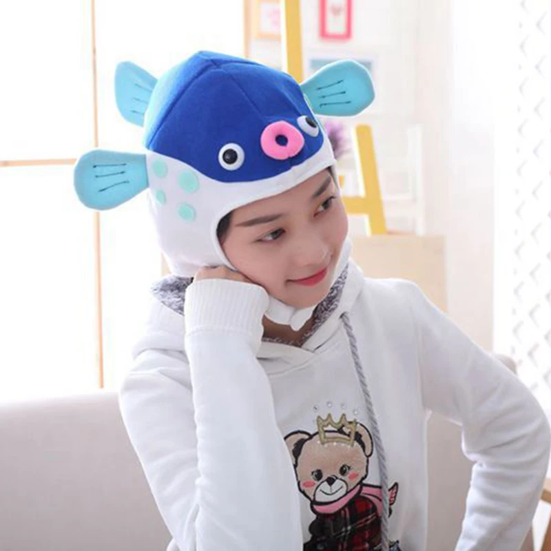 

Funny Cartoon Puffer Fish Hat Women Kawaii Globefish Headgear Headcover Cosplay Plush Toy Hat Party Headwear Cute Ear Cap Beanie