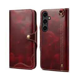 Retro Genuine Leather Business Purse Cover with Lanyard and Card Pocket - Galaxy S25 Plus (Wine red)