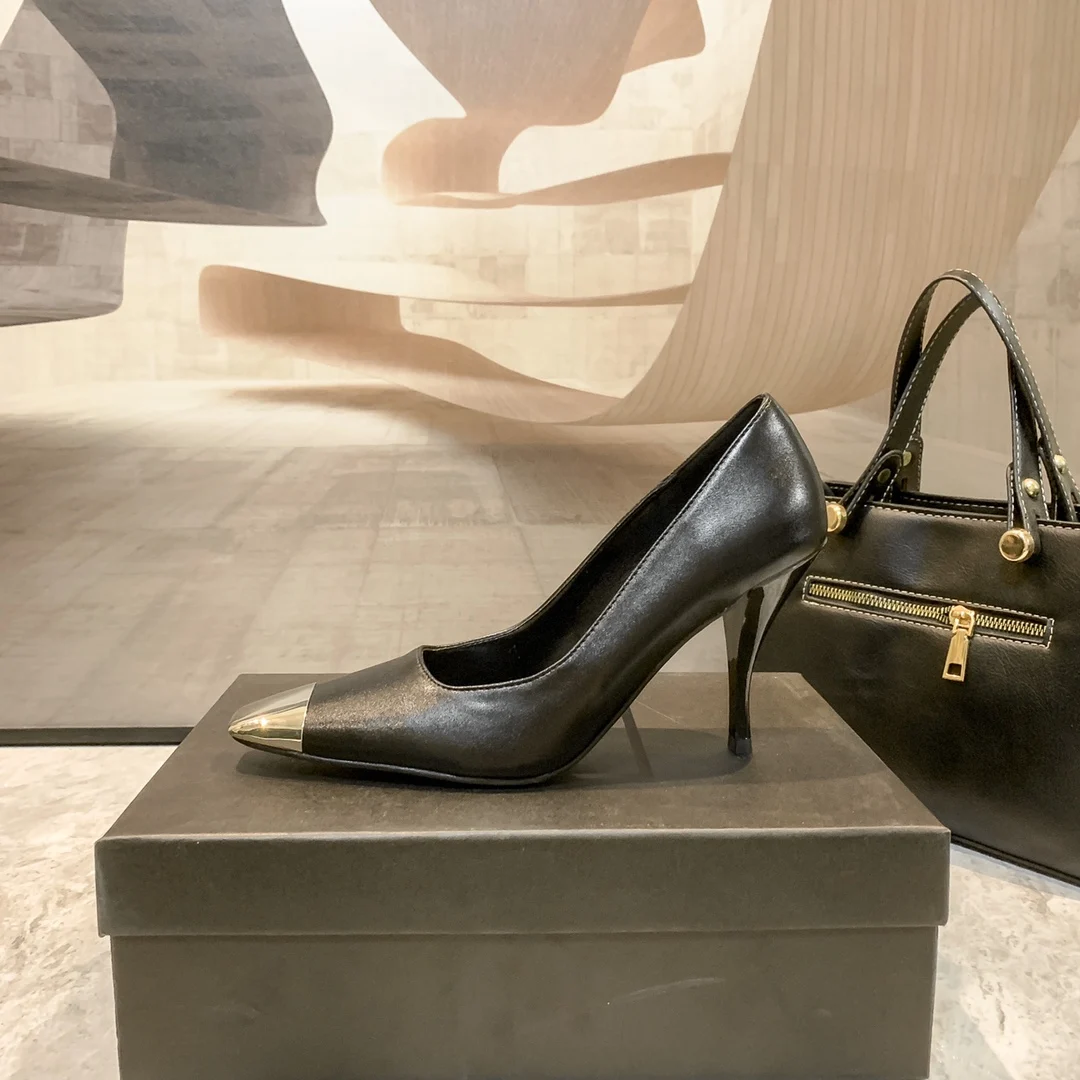 

Новинка лета 2023, женские туфли с металлическим носком, женские босоножки из лаковой кожи, черные туфли-лодочки на высоком каблуке