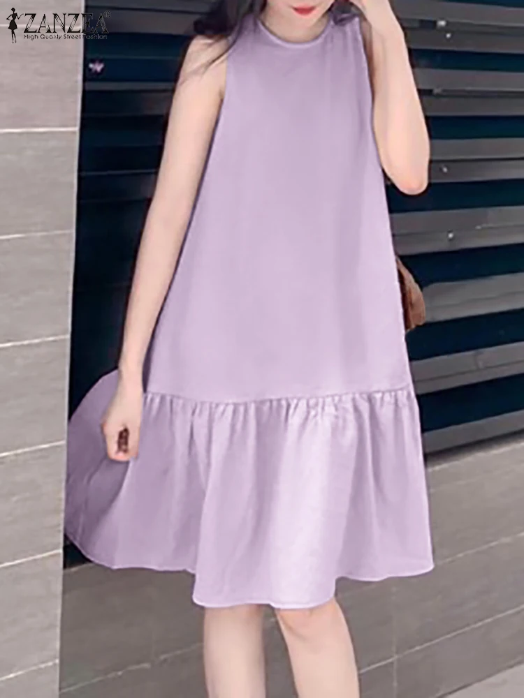

Women Fashion Casual Holiday Sundress ZANZEA Summer Bohemian Loose Beach Party Knee-length Vestido Sleeveless Ruffles Hem Dress