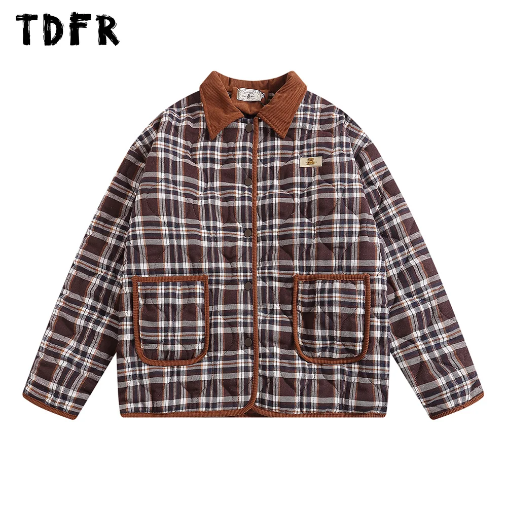 

Plaid Quilted Jacket Mens Winter Retro Casual Loose Pocket Lapel Single Breasted Long Sleeve Thick Outerwear Men