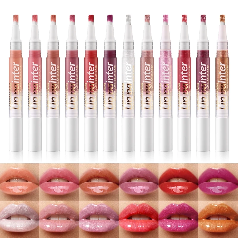 Shimmering Lip Gloss with Twistable Lasting Liquid Lipstick Moisturizing Texture Soft Brush Applicator LANGMANNI