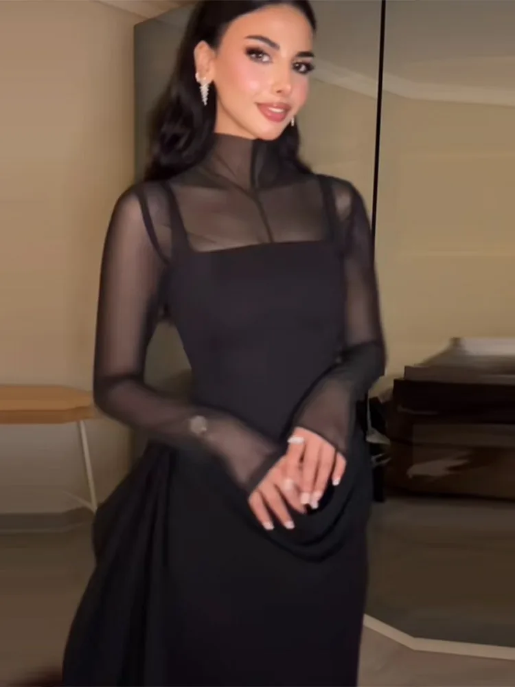 Robe de soirée en maille pour filles, élégante, Sexy, Perspective, manches longues, exquise, insertion en maille, robes de soirée pour femmes, nouveaux vêtements décontractés, 2026