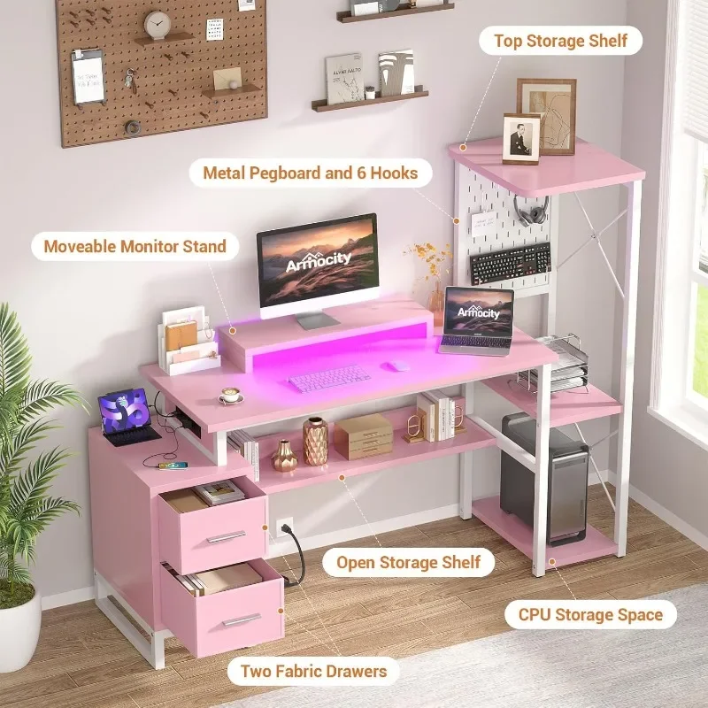 Computer Desk with 2 Fabric Drawers - Reversible Home Office Desk with Power Outlet & LED Lights, 53" Writing Desk with Monitor 6