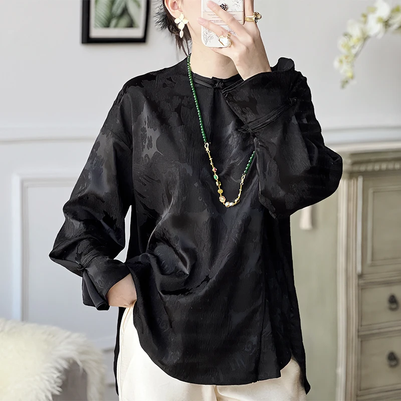 

100% Acetate Women's Jacquard Shirt Chinese Style Vintage Shirts For Women Elegant Blouses Long Sleeve Woman Black White Blouse