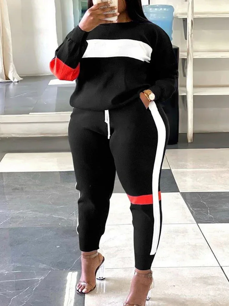 Sets Outifits 2023 New Plus Size Geometric Print Colorblock Sweatshirt & Striped Sweatpants Set of Two Fashion Casual Pieces