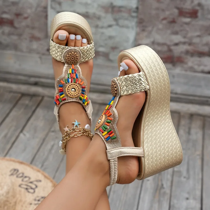 Women Sandals Bohemian Style Wedge Sandals Summer Thick Sole Non Slip Beach Shoes Woman Colorful Bead Chunky Platform Sandals - 3