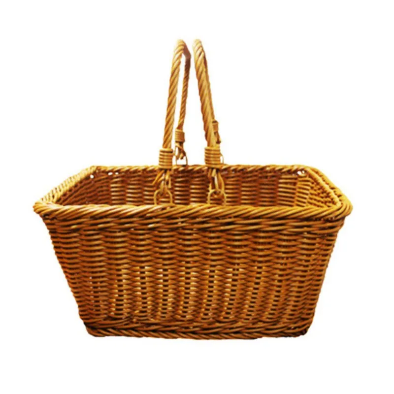 Handmade Imitation Rattan Picnic Basket with Handle Camping Picnic Willow Weaving Storage Hamper Outdoor Fruit Holder