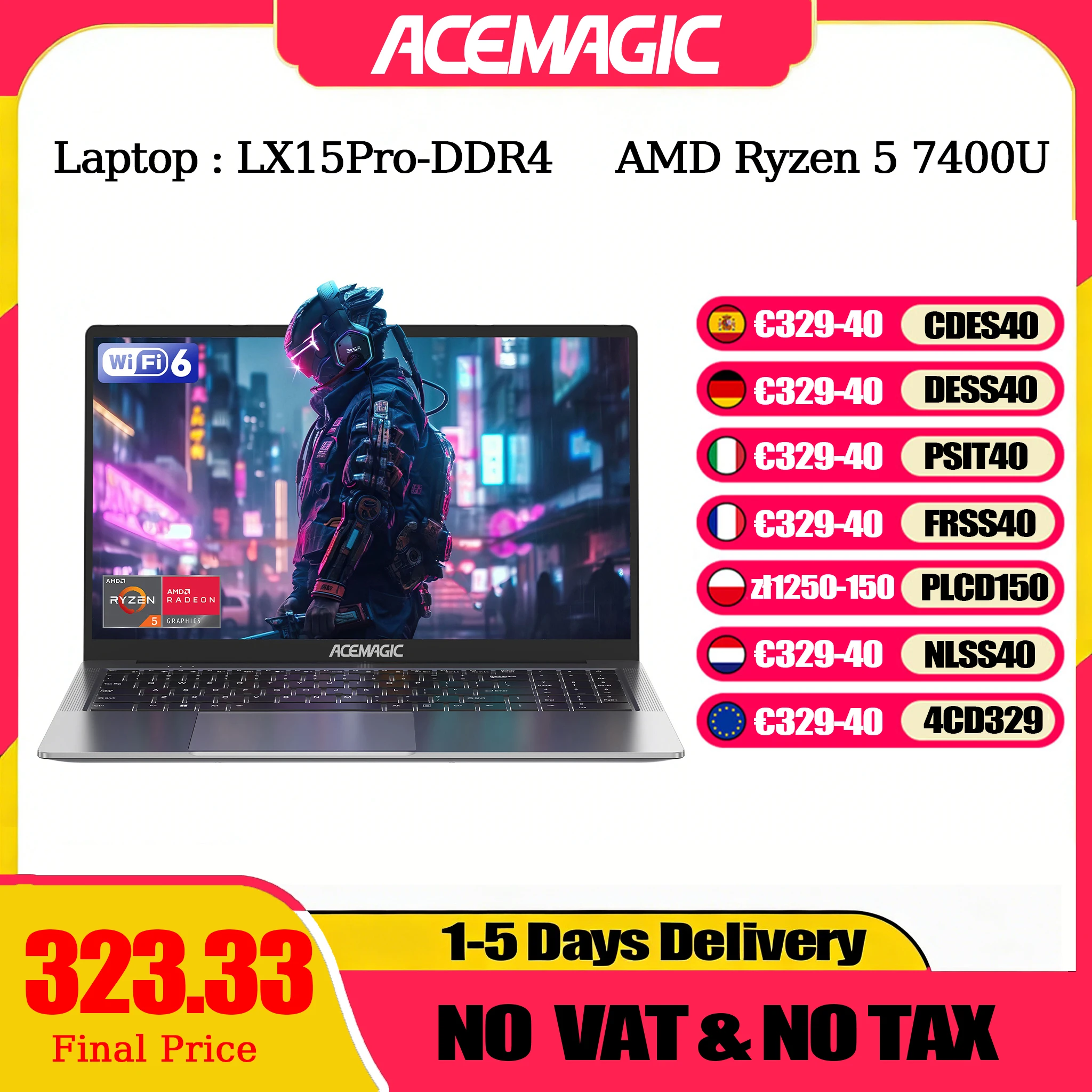 Ordinateur portable ACEMAGIC 15.6 pouces FHD ordinateur portable AMD Ryzen 5 7430U 16GB RAM 512GB SSD Windows 11 Pro ordinateur portable 180 °   Ordinateur à rabat Wifi6 BT5.2