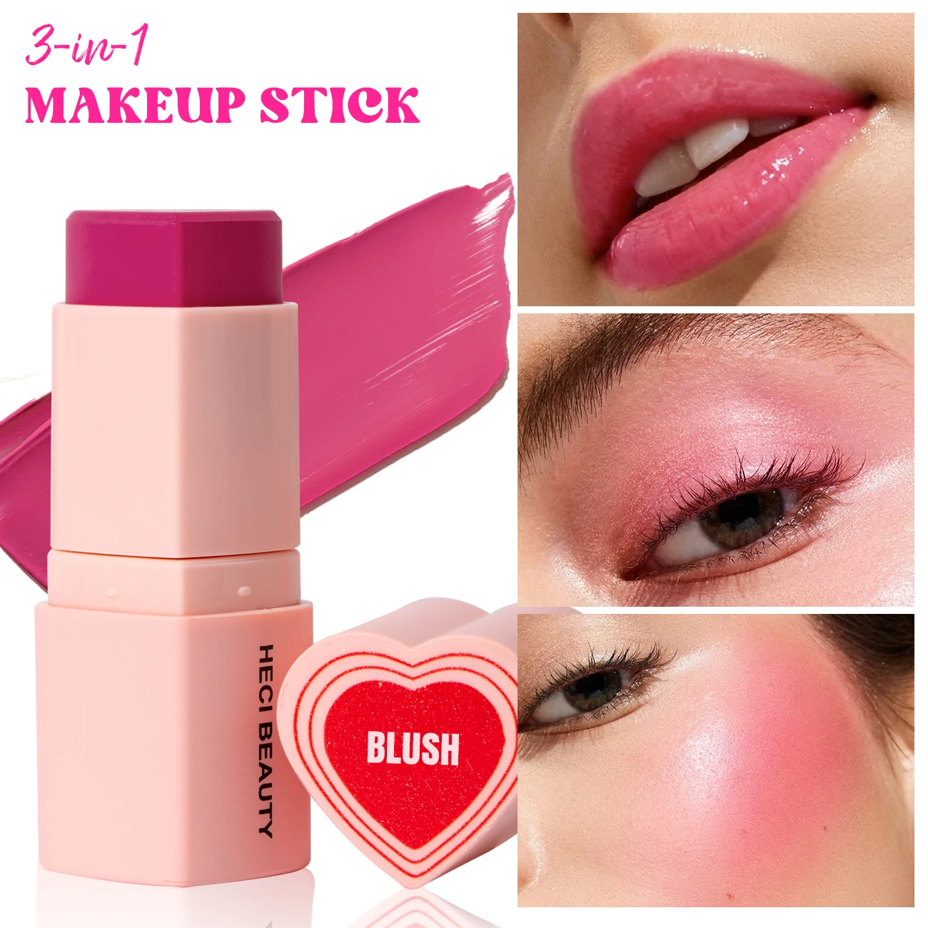 Peach Pink Creamy Blush Balm - 3 In 1 Multi-Use Waterproof Moisturizing Eyeshadow Lip & Cheek Tint, Princess Peach Heart Makeup 5